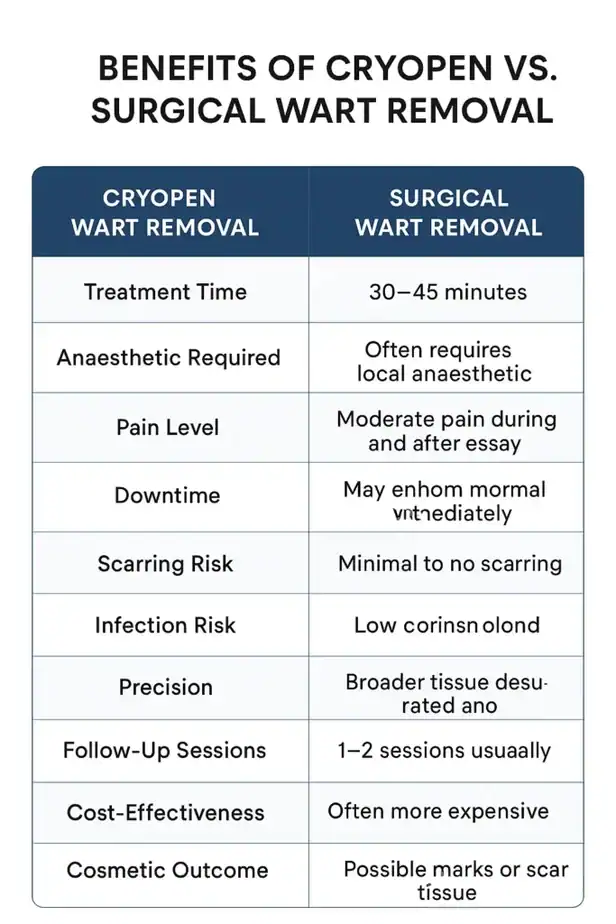 Table showing the benefits of cryopen to remove warts East Grinstead compared to surgical treatment